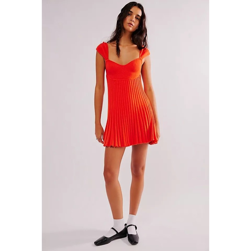 Free People Cherie Mini Dress Orange Ribbed Open Back Fit Flare Size L NWOT